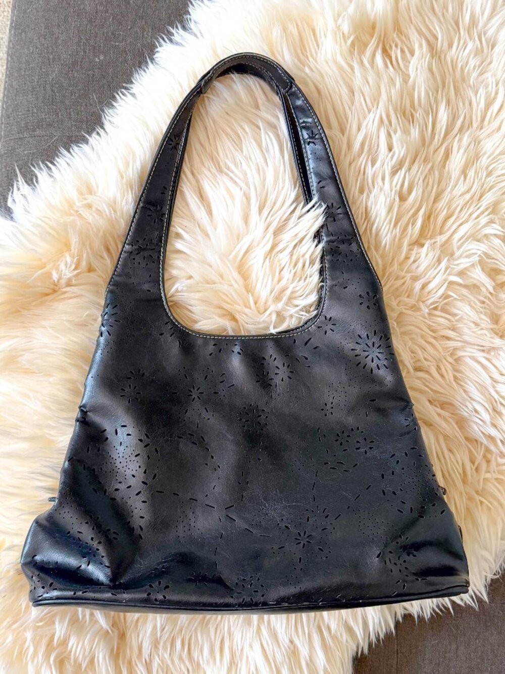 90s Vintage Nine West Black Leather Hobo Bag Purse with Laser Cut Flowers